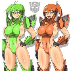 2014 2girls autobot bare_thighs big_breasts blue_eyes breasts dr.bug female_only gijinka green_hair hasbro humanformers leotard mudflap_(transformers) orange_hair sideboob sisters skids_(transformers) tagme transformers transformers_(bayverse) twins