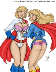 2girls ass big_ass big_breasts blonde_female blonde_hair blue_eyes bra breasts callmepo dc dc_comics female female_only kara_danvers kara_zor-el karen_starr kryptonian light-skinned_female multiple_girls panties pink_bra pink_panties power_girl powerbook125 ripped_clothing supergirl superman_(series) thick_thighs wide_hips