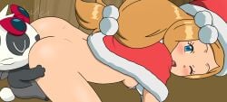 ;o ass blue_eyes blush blushing blushing_at_viewer boobs breasts breasts_out brown_hair jitan licking_ass long_hair modification pancham pokemon pokemon_(anime) santa_claus_(cosplay) serena_(pokemon) sunglasses