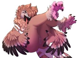 anthro ass avian beak bird bird_feet brown_body brown_fur clitoris columbid dove feathered_wings feathers feet female fur genitals legs_up long_tongue lottakinks lying markings marsa neck_tuft nipples on_back pigeon presenting pussy shaded soft_shading solo spots spread_legs spreading tail_feathers tail_markings tongue tongue_out tuft winged_arms wings