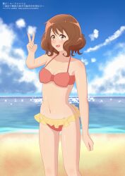 1girls beach brown_eyes brown_hair female hibike!_euphonium lilymirai oumae_kumiko peace_sign pink_swimsuit sea seaside skirt sky smiling smiling_at_viewer solo standing sweat sweatdrop swimsuit swimwear thigh_gap thighs