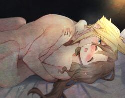 1boy aerith_gainsborough arm_around_back arm_around_neck bangs bed_sheet black_background blonde_hair blue_eyes blush boy_on_top breasts brown_hair cleavage closed_eyes cloud_strife female final_fantasy final_fantasy_vii final_fantasy_vii_remake hair_between_eyes hair_down hand_on_another's_shoulder indoors jewelry krudears long_hair looking_at_another lying missionary nude on_back on_bed open_mouth parted_bangs protected_link ring sex short_hair sidelocks spiked_hair spread_legs straight sweat wavy_hair