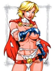 1girls big_breasts blonde_female blonde_hair blue_eyes breasts covering_breasts dc_comics female female_only garrett_blair karen_starr light-skinned_female looking_at_viewer power_girl ripped_clothing savage_land superman_(series) thick_thighs topless wide_hips