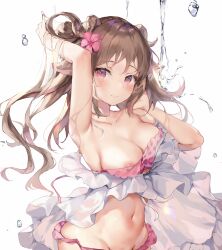 1girls accidental_exposure adjusting_hair animal_ears areola_slip areolae arknights armpits bare_shoulders belly big_breasts bikini blush bra breasts brown_hair collarbone cute embarrassed eyjafjalla_(arknights) eyjafjalla_(summer_flowers)_(arknights) female female_only flower_in_hair frilled_bikini hands_in_hair highres horns lanyingchengzhi light-skinned_female long_hair looking_at_viewer midriff navel nipple_slip nipples panties pink_bra pink_eyes pink_panties pink_swimsuit shy solo standing stomach swimsuit wardrobe_malfunction water wet_skin white_background