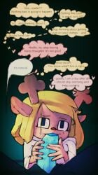 absurd_res anthro blonde_hair blowjob blue_eyes blue_skin bodily_fluids cervid deer deltarune duo english english_text fellatio female first_person_view genital_fluids genitals hi_res horn human kris_(deltarune) looking_at_viewer male male/female mammal mind_break mitoroshi noelle_holiday oral penile penis penis_grab precum red_nose sex slave snowgrave text text_bubble thought_bubble undertale_(series) video_games