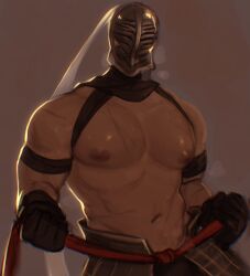 armbands bare_chest big_pecs breath cowl dark_souls dark_souls_2 fromsoftware gloves helmet imlooking knight large_areolae male male_only masked masked_male muscular muscular_male pecs scars sir_alonne solo sweat topless topless_male