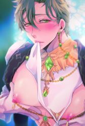 1boy ambush_(trap) artist_request bishonen blush green_eyes green_hair lips looking_at_viewer male male_nipples male_only manboobs nipple_piercing nipples nu:_carnival olivine_(nu:_carnival) piercing solo