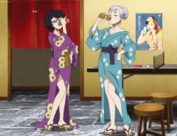 2girls barefoot black_clover black_hair clevage eyes_closed feet female female_focus female_only glasses hair_bun heads_tilted_up japanese_sandals kimono long_hair messy_hair multiple_girls noelle_silva ping_pong_ball ping_pong_net ping_pong_paddle ping_pong_table sally_(black_clover) sandles short_hair smooth_skin standing stool toes white_hair