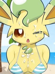 anthro blush bodily_fluids breasts clothed clothing cum cum_on_breasts eeveelution female genital_fluids hi_res leafeon nintendo one_eye_closed open_mouth pokemon pokemon_(species) sateco solo swimwear video_games yellow_body