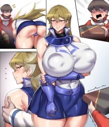 1girls alexis_rhodes bimbo blonde_female blonde_hair blush comic female gift highres large_breasts muscular muscular_female natedecock nipples_visible_through_clothing pussy_juice revealing_clothes school_uniform skirt smaller_male tagme taller_girl thick_thighs venus_body wide_hips yu-gi-oh! yu-gi-oh!_gx