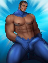 1boy abs big_bulge blue_eyes brown_hair drawnpr0n gloves male male_only matt matt_(pokemon) muscular muscular_male pokemon team_aqua vein