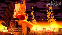 1girls 3d arthur32 big_breasts blonde_hair breasts city clothing crop_top destruction fea_(gtsminecraft) female female_only fire giantess gloves goddess huge_breasts lava legs_crossed mine-imator minecraft red_eyes sitting smile smoke solo throne watching