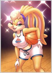 anthro ball basketball_(ball) basketball_court basketball_uniform bedroom_eyes blonde_female camera_flash clothing female hi_res lagomorph leporid lola_bunny looking_at_viewer looney_tunes mammal michiyoshi midriff narrowed_eyes rabbit seductive solo space_jam sportswear uniform warner_brothers