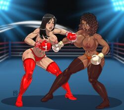 2girls areola areolae artist_name athletic athletic_female big_breasts black_hair boxer boxing boxing_gloves boxing_ring breasts brown_body brown_skin busty catfight commission cream_boxing_gloves cream_gloves curvaceous curvy dark-skinned_female dark_areola dark_skin eyelashes eyes female fight fighter fighting fit fit_female fitness gabocaricaturas gloves hair hips huge_breasts large_breasts legs multiple_girls muscles muscular muscular_female nipples original original_character original_characters partially_clothed red_boxing_gloves red_gloves tammi_morrison thick thick_legs thick_thighs thighs toned toned_body toned_female topless topless_boxing topless_female voluptuous watermark wide_hips zoya_sisay