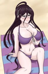 2022 afimaki ahoge alternate_version_available beach_background beach_blanket bikini bikini_bottom bikini_top blush breasts cleavage danganronpa danganronpa:_trigger_happy_havoc danganronpa_1 danganronpa_s:_ultimate_summer_camp fukawa_touko glasses glasses_on_head hairclip hairclips large_breasts long_hair purple_bikini purple_eyes purple_hair sand scissors smooth_skin tattoo tattoo_on_legs teasing teasing_viewer