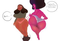 2girls back back_view barrybbeesly big_breasts black_hair blush booty_shorts dark-skinned_female dark_skin dialogue english_text enormous_ass enormous_butt female female_focus female_only garnet_(steven_universe) gem_fusion human humanoid massive_ass massive_butt multiple_girls panties panties_pull pants_down partially_clothed pink_panties priyanka_maheswaran pulling_panties speech_bubble standing steven_universe text thick_thighs voluptuous wedgie wide_hips