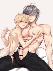 2boys aether_(genshin_impact) alhaitham_(genshin_impact) bar_censor bishonen censored clothed erection genshin_impact long_hair long_hair_male male male_focus male_only muscles muscular muscular_male penis penis_out rourouki twink yaoi