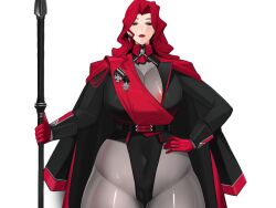 alexandra_(heelfall) areolae big_breasts bo_wei game_cg gloves heelfall lipstick milf plump red_hair spear thick_thighs venus_body weapon