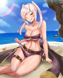 1girls :q alternate_costume bare_shoulders beach belt bikini bikini_pull blue_sky breasts brown_eyes clothes_pull collarbone day female female_only fire_emblem fire_emblem_awakening fire_emblem_heroes grey_hair highres jewelry large_breasts licking_lips looking_at_viewer naughty_face navel necklace nintendo o-ring o-ring_bikini ocean official_alternate_costume one_eye_closed outdoors pulled_by_self purple_bikini purple_swimsuit robin_(female)_(summer)_(fire_emblem) robin_(fire_emblem) robin_(fire_emblem)_(female) sand sky smile solo stomach swimsuit thighs tongue tongue_out twintails twitter_username zet_(twt_zet)