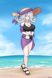 2022 afimaki alternate_version_available beach bikini bikini_bottom bikini_top breasts brown_eyes cleavage danganronpa danganronpa_3 danganronpa_s:_ultimate_summer_camp gloves gray_hair hat kimura_seiko large_breasts sand sandals sea seaside skull skull_necklace sky star stars straight_hair