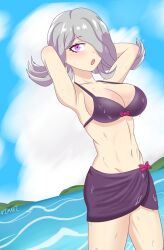 2022 afimaki beach bikini bikini_bottom bikini_top bow bow_bra bow_panties breasts cleavage cloud clouds cloudy_sky danganronpa danganronpa_3 danganronpa_s:_ultimate_summer_camp gray_hair kimura_seiko large_breasts one_eye_covered one_eye_obstructed pink_bow pink_eyes purple_bikini purple_bra purple_panties sea seaside sky straight_hair sweat water