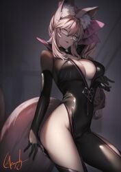 animal_ear_fluff animal_ears bangs black_bodysuit bodysuit bow breasts center_opening choker cleavage fate/grand_order fate_(series) female fox_ears fox_girl fox_tail genyaky glasses hair_between_eyes hairbow highres hip_vent koyanskaya_(assassin) koyanskaya_(assassin_first_ascension) koyanskaya_(fate) large_breasts long_hair looking_at_viewer open_mouth pink_bow pink_hair ponytail sidelocks smile solo tail thighs yellow_eyes