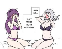 afimaki black_panties blush both_bottoms breasts cleavage covering_eyes covering_face danganronpa danganronpa_3 doki_doki_literature_club embarrassed grey_hair kimura_seiko large_breasts meme messy_hair purple_hair purple_panties simple_background straight_hair underwear underwear_only white_background yuri yuri_(doki_doki_literature_club)