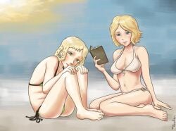 2girls beach bikini blonde_female blonde_hair book elden_ring feet female female_only fromsoftware light-skinned_female multiple_girls roderika_(elden_ring) rya_(elden_ring)