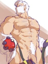 balls bara beard drayden facial_hair gay hairy male male_only muscles muscular nintendo npc_trainer penis piikeisandaa pokemon solo solo_male sweaty undressing white_hair