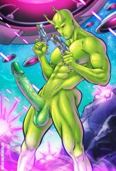 1male abs alien antennae big_penis class_comics erect_penis erection green_skin humanoid locus male male_focus male_only muscles nude patrick_fillion pecs solo solo_male veiny_arms veiny_penis weapon