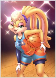 anthro anthro_only ball basketball_(ball) basketball_court basketball_uniform bedroom_eyes blonde_female camera_flash clothing female hi_res lagomorph leporid lola_bunny looking_at_viewer looney_tunes mammal michiyoshi narrowed_eyes rabbit seductive solo space_jam space_jam:_a_new_legacy sportswear uniform warner_brothers