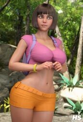 1girls 3d aged_up backpack bag bangs big_breasts bob_cut bottomwear breasts brown_eyes brown_hair clothed crop_top dark_skin dora_marquez dora_the_explorer female female_only hagiwara_studio human large_breasts latina midriff nickelodeon orange_shorts outside shorts skimpy solo tan-skinned_female tan_skin topwear wide_hips wristwear
