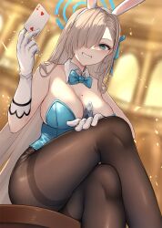 asle asuna_(blue_archive) asuna_(bunny)_(blue_archive) asuna_(bunny_girl)_(blue_archive) bangs bare_shoulders blonde_female blonde_hair blue_archive blue_eyes brown_pantyhose bunny_ears bunny_girl bunny_tail bunnysuit cleavage female_only hair_over_one_eye happy large_breasts light_brown_hair looking_at_viewer looking_down mole_on_breast pantyhose playboy_bunny smiling solo_focus sweat thick_thighs thighs tongue_out uncensored very_long_hair visible_breath white_gloves wide_hips