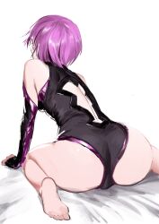 absurdres ass barefoot black_gloves black_leotard elbow_gloves fate/grand_order fate_(series) female from_behind gloves highres leotard mash_kyrielight nomad_(newold0618) purple_hair short_hair sitting solo thighs white_background yokozuwari