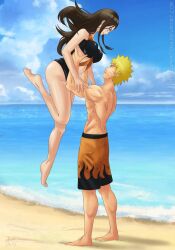 1boy1girl amenoosa beach big_breasts bikini blonde blue_eyes breasts brother_in_law_and_sister_in_law brown_hair couple dating duo duo_focus female hair_ornament hyuuga_hanabi lavender_eyes lifting lifting_partner lifting_person long_hair looking_at_another looking_at_partner male male/female naruto naruto:_the_last naruto_(series) naruto_shippuden outdoors ribbons romantic romantic_couple shirtless shirtless_(male) short_hair shorts swimsuit uzumaki_naruto yellow_hair