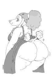 anthro ass bare_back big_butt blush blush_lines breasts canid canine canis cellulite chubby_female clothed clothing clothing_lift domestic_dog dress dress_lift ear_tuft female frilly frilly_clothing hair hi_res huge_butt inviting jiggling mammal manna-mint overweight overweight_female poodle raised_clothing raised_dress smile smirk solo split_color tail_motion tailwag tied_hair tuft