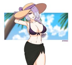 afimaki aged_up beach bikini bikini_top breasts cleavage clouds danganronpa danganronpa_3 danganronpa_s:_ultimate_summer_camp hat kimura_seiko large_breasts lavender_hair lipstick palm_tree pink_lipstick purple_bra purple_eyes purple_hair skull_hair_ornament sky straight_hair white_background