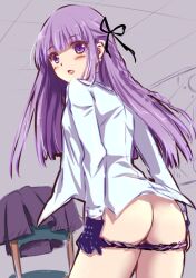 1girls ass asuma_shin behind_view blush caught caught_off_guard caught_undressing danganronpa danganronpa:_trigger_happy_havoc danganronpa_1 exposed_ass female female_only gloves kirigiri_kyouko panties panties_down shirt solo straight_hair undressing