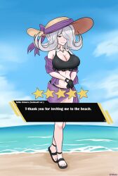 2022 afimaki alternate_version_available beach bikini bikini_bottom bikini_top breasts brown_eyes cleavage danganronpa danganronpa_3 danganronpa_s:_ultimate_summer_camp english english_text gloves gray_hair hat kimura_seiko large_breasts sand sandals sea skull skull_necklace smooth_skin star stars text