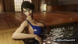 1girls 3d bayonetta bayonetta_(character) bayonetta_2 big_breasts black_hair blue_bikini collarbone dochaunt24 earrings female female_only fully_clothed glasses hot_spring lounging one-piece_swimsuit purple_lipstick short_hair smile solo swimsuit wet_clothes wet_skin