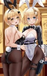 2022 2girls ass black_leotard blonde_female blonde_hair blue_eyes blush breasts bunny_ears bunny_girl bunny_tail bunnysuit female female_only grin gun gun_holster hair_ornament hi_res highleg_leotard hips hololive hololive_english hololive_gen_1 hololive_japan hololive_myth large_ass large_breasts leg_holster leotard looking_at_viewer piukute062 short_hair slim_waist smile thick_thighs thighs tights virtual_youtuber watson_amelia white_leotard wide_hips yellow_eyes yozora_mel