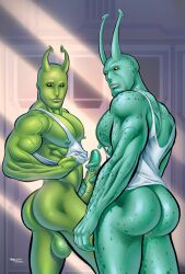 2boys alien antennae ass beedal class_comics green_skin handjob humanoid locus male male_focus male_only muscular muscular_male patrick_fillion pecs penis yaoi