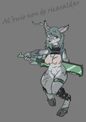 absurd_res anthro big_breasts blind_eye bottomless breasts broken_horn cervid clothed clothing collar crowskull ear_piercing female genitals greatsword green_hair hair hi_res hooves horn legwear mammal nipples piercing pussy scar solo wide_hips