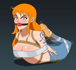 angry ball_gag bennypaan big_ass blush bondage brown_eyes drooling female female_only gag hogtie jeans nami one_piece orange_hair rope_bondage struggling sweat tape_bondage