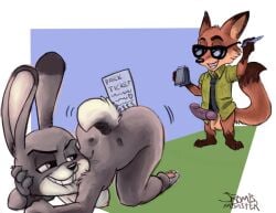 anthro ass bent_over breasts canid canine clothing disney duo eyewear female fox genitals glasses j_hughes judy_hopps lagomorph leporid male male/female mammal medium_breasts nick_wilde parking penis rabbit raised_tail smile smirk sunglasses ticket zootopia