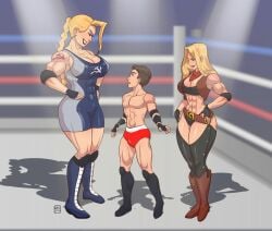 1boy 2girls artist_name athletic athletic_female big_breasts blonde_female blonde_hair breasts busty commission curvaceous curvy eyelashes eyes female fighter fighting figthers fit fit_female fitness gabocaricaturas hair height_difference hips huge_breasts large_breasts martial_artist mixed_fighting mixed_martial_arts mixed_wrestling mma muscles muscular muscular_female size_difference thick thick_legs thick_thighs thighs toned toned_body toned_female voluptuous watermark wide_hips wrestling