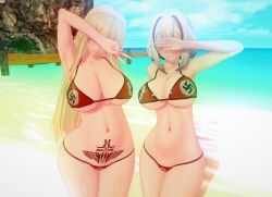 2girls azur_lane big_breasts bikini bismarck_(azur_lane) bleachedartoria blonde_female blonde_hair blue_eyes brown_eyes female_only hand_over_eyes hidden_eyes hourglass_figure inverted_swastika inverted_swastika_bikini koikatsu large_breasts long_blonde_hair multiple_girls nazi peace_sign roon_(azur_lane) self_upload short_hair short_white_hair tattoo tattoo_on_stomach white_hair yostar