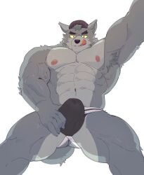 1boy abs absurd_res anthro armpit_hair body_hair bulge bulge_grab canid canine canis cartoon_network clothing curt809 feral grey_body hi_res humanoid jockstrap low-angle_view male male_only mammal muscular muscular_anthro muscular_male pecs solo tongue tongue_out underwear we_baby_bears wolf wolf_(we_baby_bears)