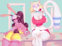 2girls anthro ass big_ass big_breasts blonde_hair breasts bubble_butt bunny_ears bunny_tail cat_ears cat_tail choker cleavage crossed_legs female florescentcolo2 glasses hat hourglass_figure huge_ass kurimi_(lunarspy) multiple_girls navel nevada_(florescentcolo) nipple_bulge nipples_visible_through_clothing ponytail short_shorts shorts tagme