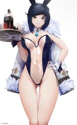 alcohol belly belly_button belly_button_visible_through_clothing big_breasts blue_hair bob_cut breasts bunny_costume bunny_ears bunnysuit coat coat_on_shoulders curves curvy curvy_female curvy_figure drink genshin_impact gloves green_eyes huge_breasts large_breasts legs leotard milf plate platter see-through_clothing serving_beverage serving_drink serving_platter serving_tray the_atko thick thick_legs thick_thighs thigh_gap thighs transparent_bunnysuit tray tummy whiskey yelan_(genshin_impact)